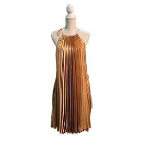 NWT Stella Mccartney Gold Satin Pleated Lace Up Midi Dress $1225 Sz IT 40 US 4